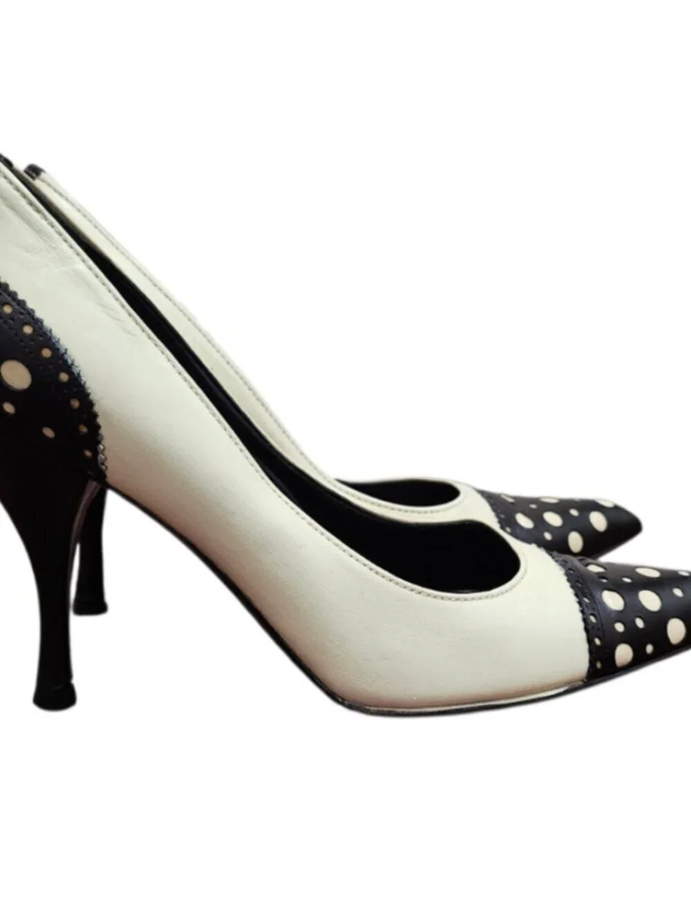Sergio Rossi Polka Dot Heels Pumps Black White Leather Pointed Toe EU 39 Italy